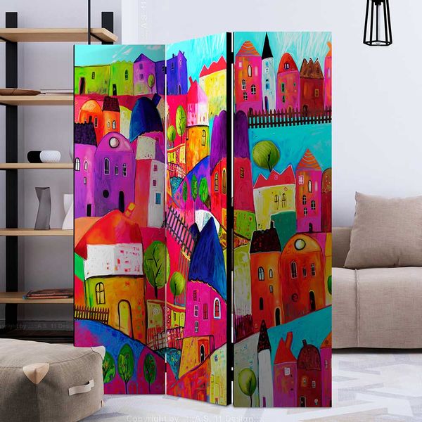 Paravent Bunt in Regenbogen Farben Häuser Motiv günstig online kaufen