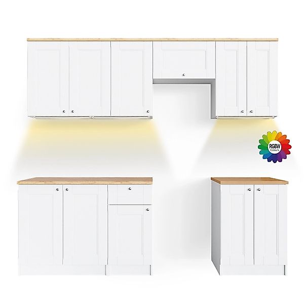 Vicco Bergamo Küchenzeile Weiß 240 cm AP Goldkraft mit LED-LeistenBergamo günstig online kaufen