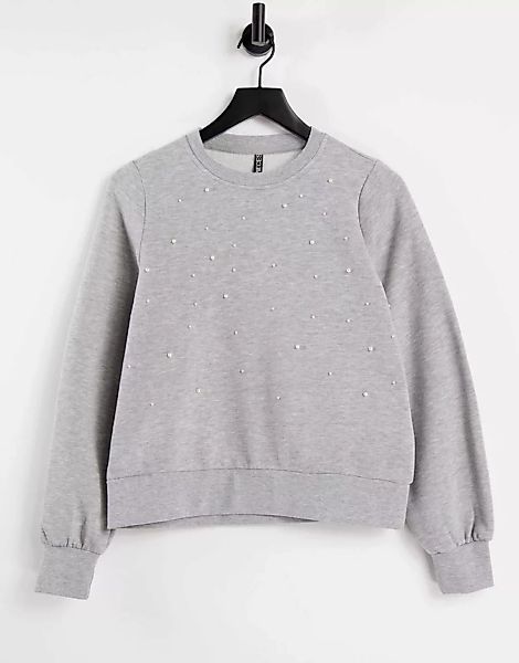 Pieces – Dibba – Langärmliges Sweatshirt mit Perlendetails in Hellgrau meli günstig online kaufen