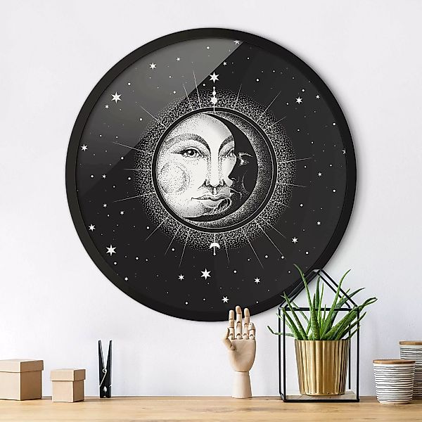 Rundes Gerahmtes Bild Vintage Sonne und Mond Illustration günstig online kaufen