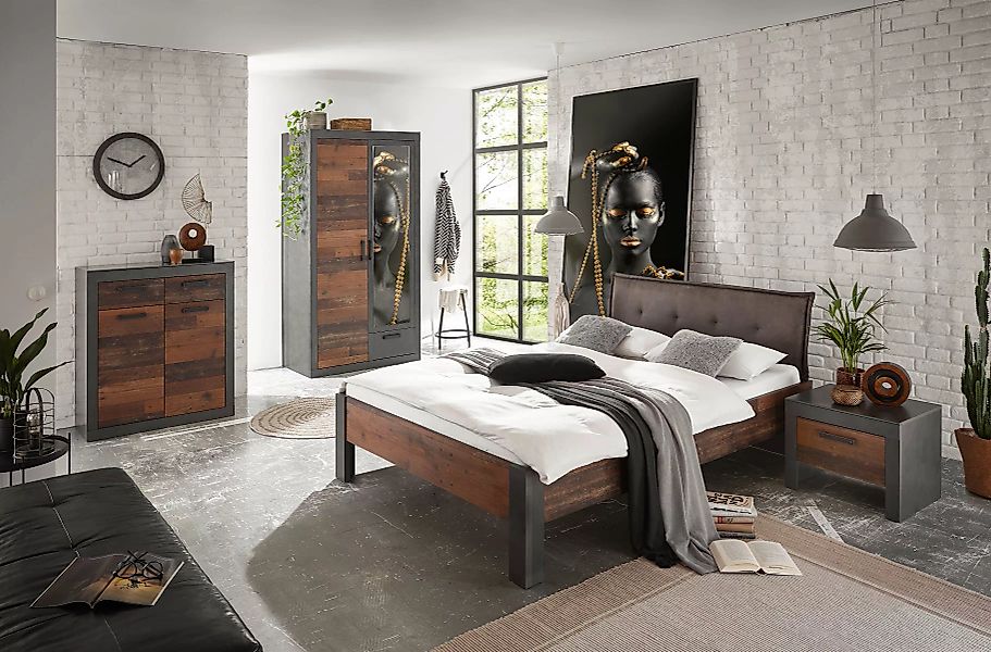 Schlafzimmer Set 4-teilig Bett 140x200 mit Polsterkopfteil used-look QUEENS günstig online kaufen