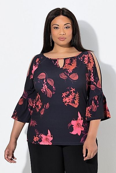 Ulla Popken T-Shirt Shirt Blüten Rundhals Keyhole 3/4-Volantärmel günstig online kaufen