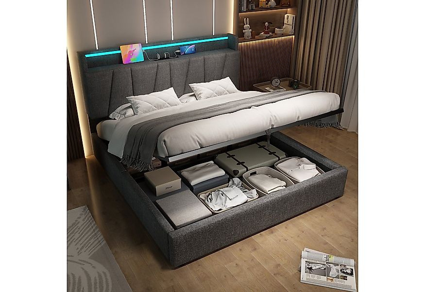 Flieks Polsterbett, Hydraulisches Doppelbett 140x200cm Stauraumkopfteil LED günstig online kaufen