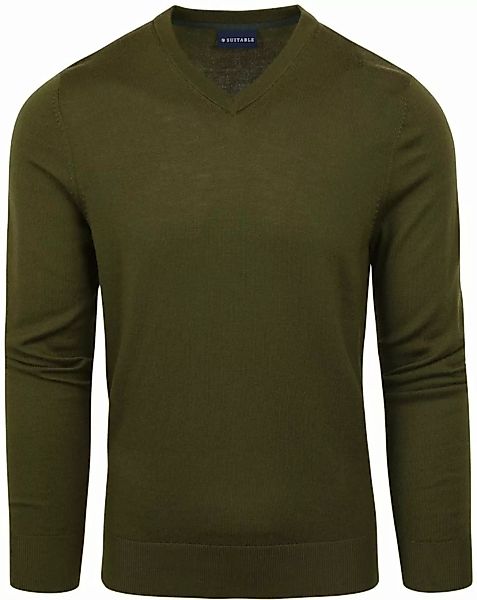 Suitable Merino Pullover V-Ausschnitt Olivgrün - Größe L günstig online kaufen