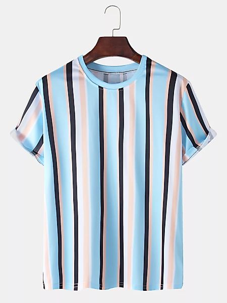 Mens Vertical Stripes Print Lose lässige atmungsaktive Rundhals-T-Shirts günstig online kaufen