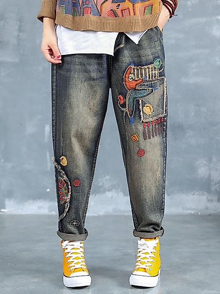Elastische Taille bestickt Patch Ripped Jeans für Damen günstig online kaufen