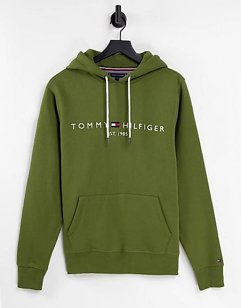 Tommy Hilfiger – Klassischer Kapuzenpullover in Dunkelgrün mit Logo günstig online kaufen