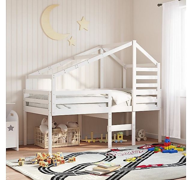 vidaXL Bett, Hochbett mit Dach Weiß 90x200 cm Massivholz Kiefer günstig online kaufen