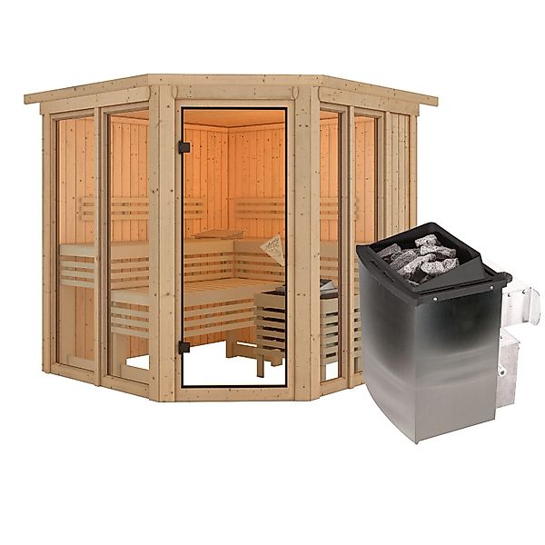 Karibu Sauna Airini mit Kranz und Ofen 9 kW Integriert Naturbelassen günstig online kaufen