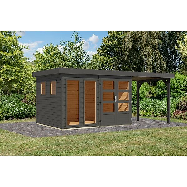 Karibu Gartenhaus Maradi 5 Rundum m. Anbaudach Terragrau 211 x 298 x 242 cm günstig online kaufen