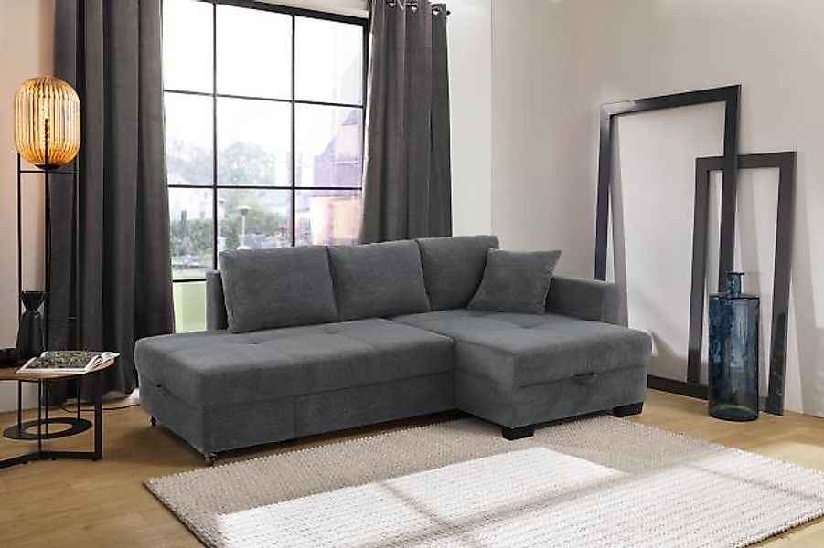 Ecksofa mit Schwenk-Ottomane Schlafsofa inkl Bettkasten Waffel Cord Grau günstig online kaufen