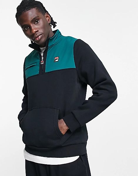 Fila – Sweatshirt aus Fleece in Schwarz und Grün mit Farbblockdesign günstig online kaufen