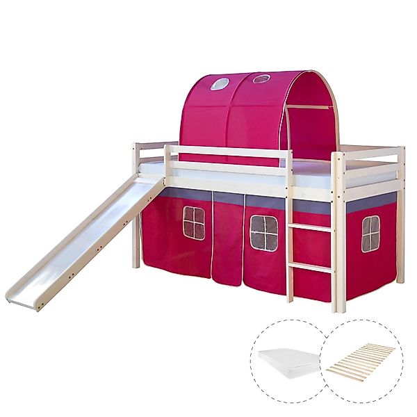 Homestyle4u Hochbett 90x200 mit Vorhang Lattenrost Matratze Rutsche Tunnel günstig online kaufen