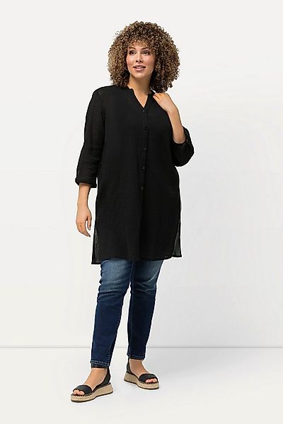 Ulla Popken Hemdbluse Longbluse Krepp Stehkragen V-Ausschnitt 3/4-Arm günstig online kaufen