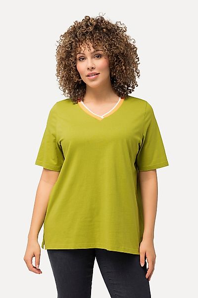 Ulla Popken T-Shirt T-Shirt Streifenbündchen V-Ausschnitt günstig online kaufen