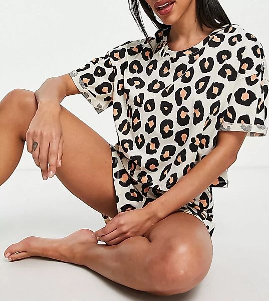 Lindex – Exclusive Jenna – Pyjama in Naturtönen und Leopardenmuster mit T-S günstig online kaufen