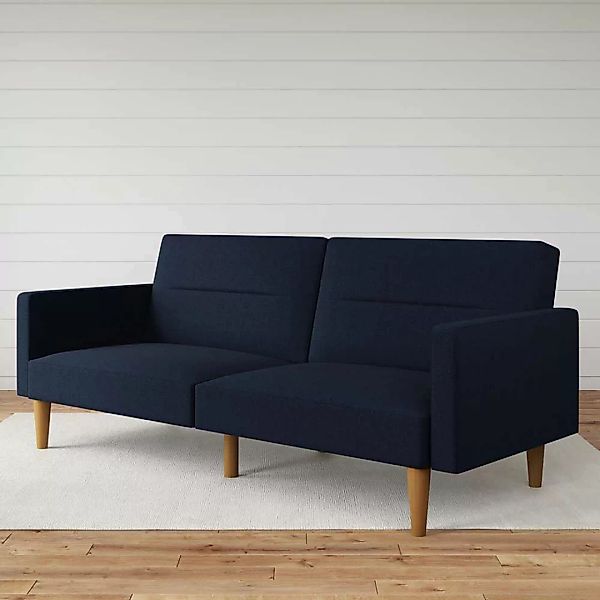 Ausklappbares Sofa Retrostil in Dunkelblau Fußgestell aus Holz günstig online kaufen