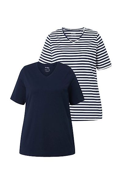 Ulla Popken T-Shirt T-Shirts 2er-Pack Ringel/uni V-Ausschnitt Halbarm günstig online kaufen