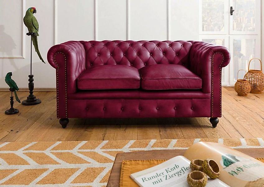 Massivmoebel24 Sofa Sofa 2-Sitzer Echtleder 158x82x75 rot CHESTERFIELD #402 günstig online kaufen