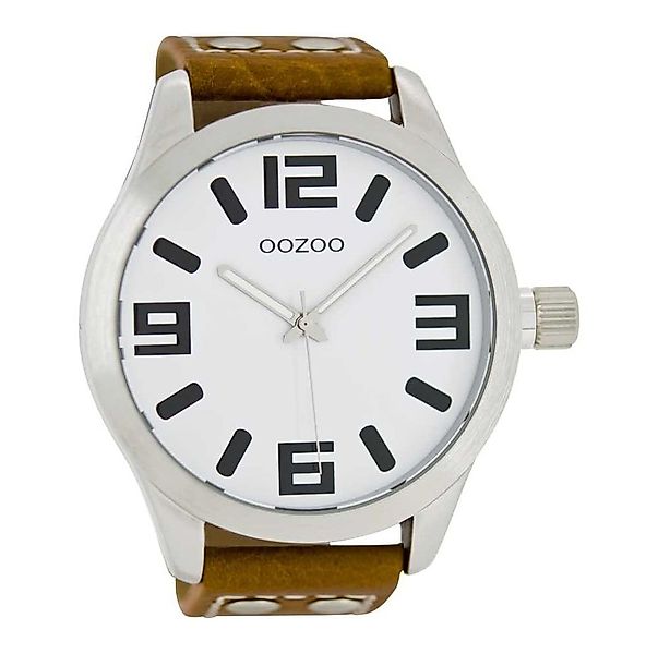 OOZOO Quarzuhr Basic XXL Herrenuhr C1001 Weiss Lederband Cognac 50 mm günstig online kaufen