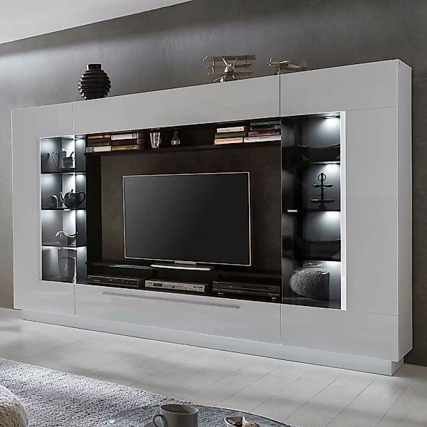 Moderne TV Wand in Hochglanz Weiß 275 cm breit günstig online kaufen