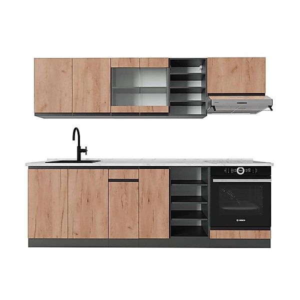 Vicco R-Line Küchenzeile Goldkraft Eiche/Anthrazit 240 cm AP Marmor günstig online kaufen