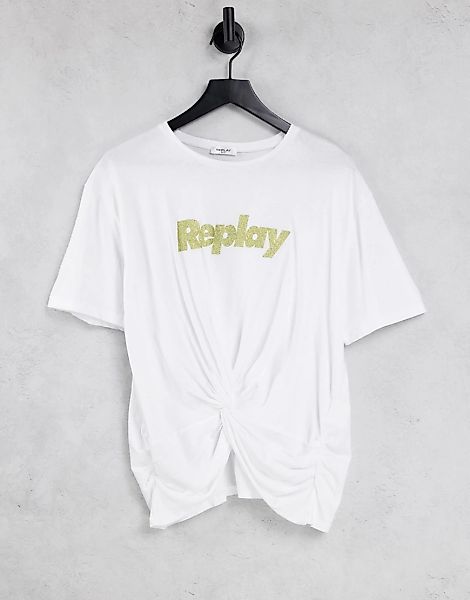 Replay – T-Shirt in Weiß mit verdrehtem Detail auf der Vorderseite und Logo günstig online kaufen