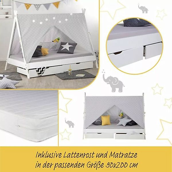 Homestyle4u Kinderbett Kinderbett mit Matratze TIPI 90x200 Weiß Grau Bettka günstig online kaufen