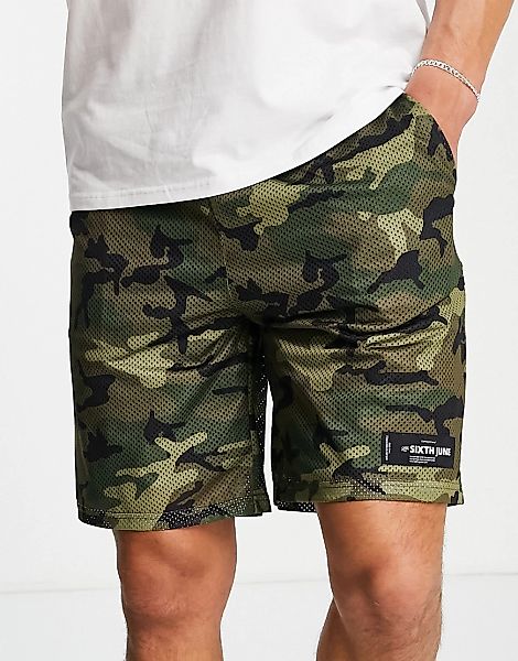 Sixth June – Shorts aus Netzstoff mit Military-Muster und Logoprint-Mehrfar günstig online kaufen