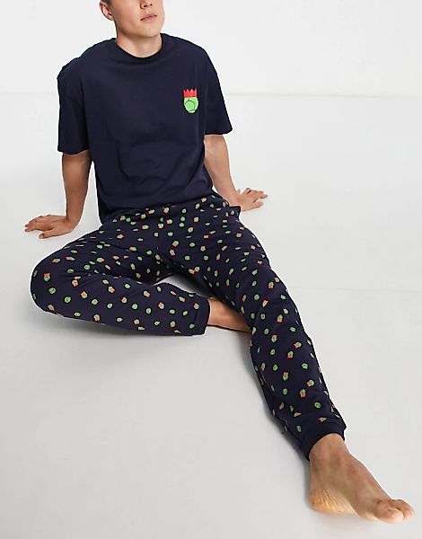 Threadbare – Pyjama-Set in Marineblau mit weihnachtlichem Flair und Sprosse günstig online kaufen
