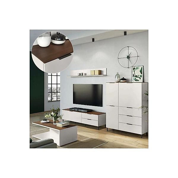 Wohnwand Set mit Couchtisch CHOLET-01 Kaschmir beige in Nussbaum Nb., B/H/T günstig online kaufen