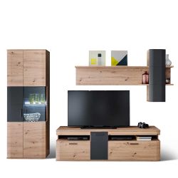 Design Anbauwand in Anthrazit und Eichefarben 290 cm breit (dreiteilig) günstig online kaufen