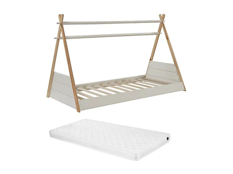 Kinderbett Tipibett mit Matratze - 90 x 190 cm - Weiß & Naturfarben - SIOUX günstig online kaufen