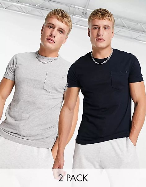 French Connection – T-Shirts mit Tasche in Anthrazit und Weiß, 2er-Pack-Gra günstig online kaufen
