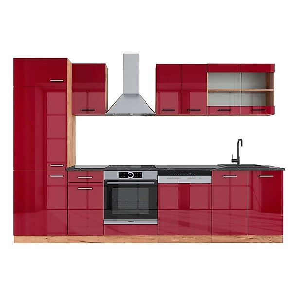 Vicco R-Line Küchenzeile Bordeaux Hochglanz/Goldkraft Eiche 300 cm AP Anthr günstig online kaufen