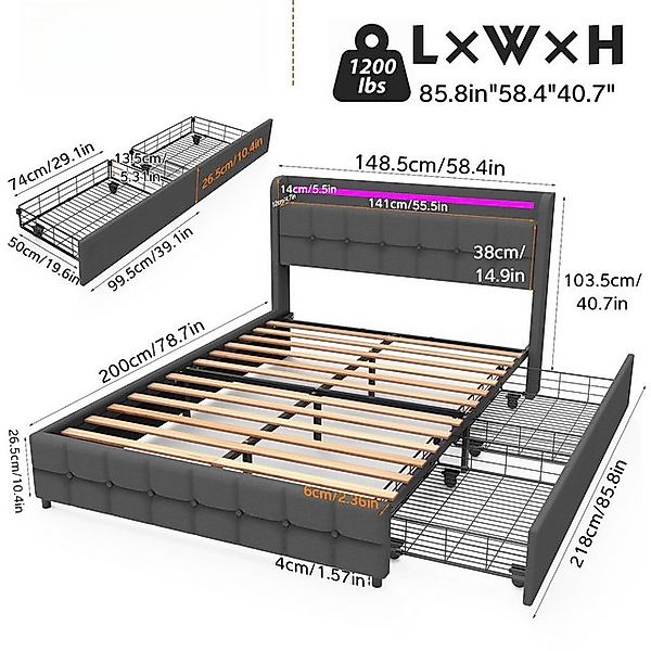 LETGOSPT Polsterbett Doppelbett 140x200 cm, Polsterbett mit LED,Ladefunktio günstig online kaufen