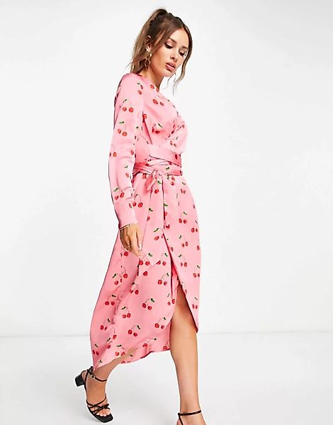 Never Fully Dressed – Midi-Wickelkleid in Rosa mit Kirsch-Print günstig online kaufen