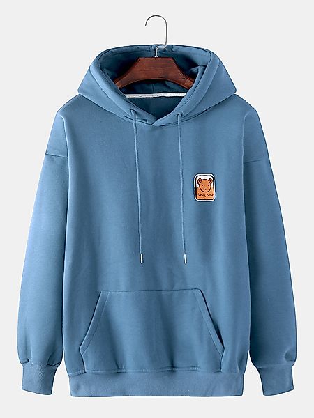 Mens Bear Stickerei Cotton Flocking Loose Drawstring Hoodies mit Beuteltasc günstig online kaufen