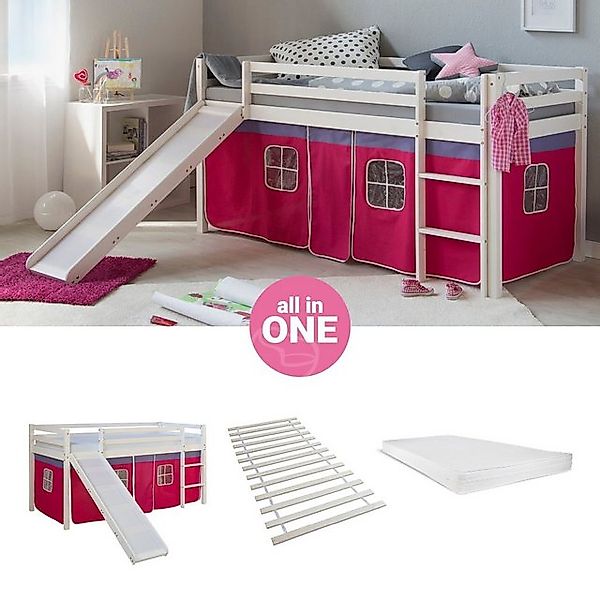 Homestyle4u Hochbett 90x200 cm Kinderbett Weiß Kiefer mit Vorhang Pink mit günstig online kaufen