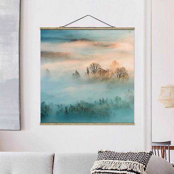 Stoffbild Wald mit Posterleisten - Quadrat Nebel bei Sonnenaufgang günstig online kaufen