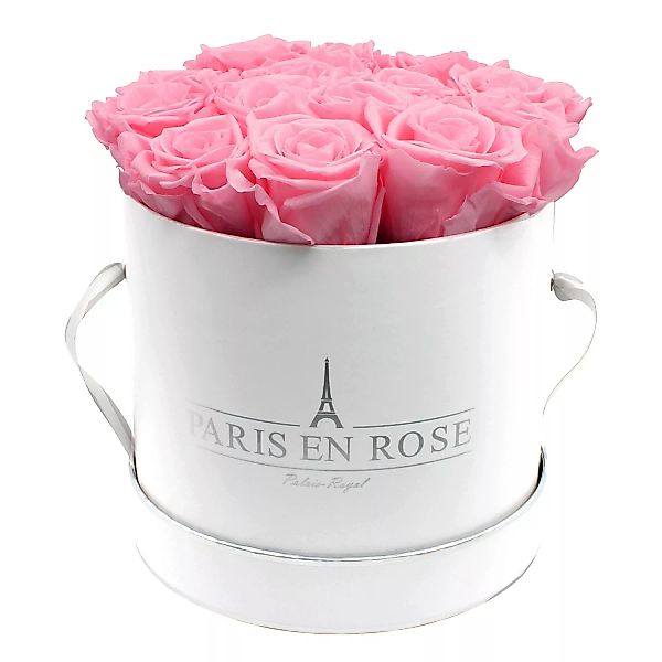 Rosenbox Ø 19 cm Weiß-Silber mit 14 Rosa Rosen günstig online kaufen