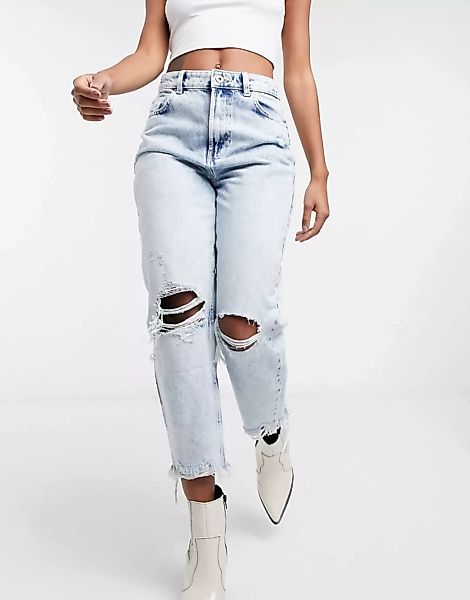 Bershka – Gerippte Mom-Jeans mit ausgefranstem Saum in Hellblau günstig online kaufen