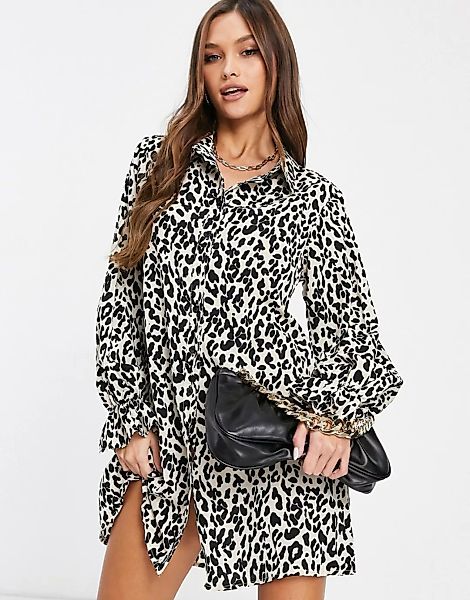 Missguided – Hemdkleid mit gerüschten Ärmelabschlüssen und Leopardenmuster- günstig online kaufen