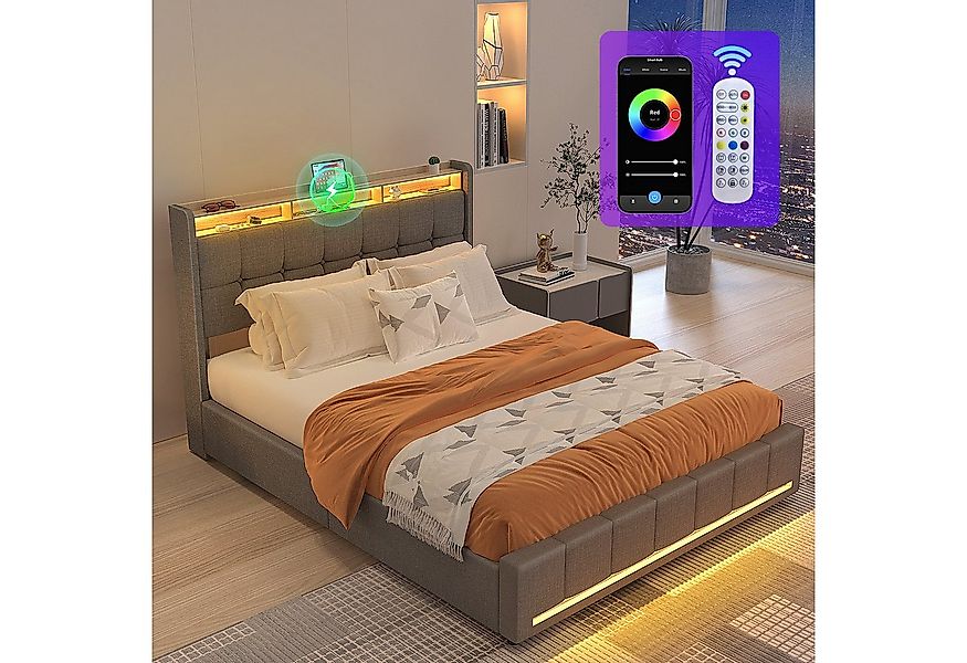 oyajia Polsterbett LED Doppelbett 140x200 cm mit 4 Schubkästen und Kopfteil günstig online kaufen