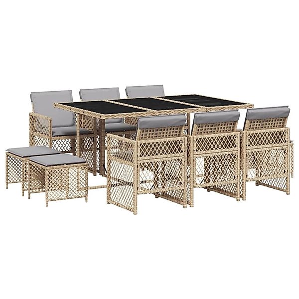 vidaXL 11-Tlg Garten-Essgruppe mit Kissen Beige Poly Rattan 3210792 günstig online kaufen