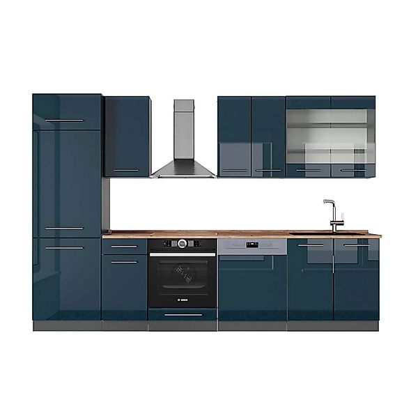 Vicco Fame-Line Küchenzeile Dunkelblau Hochglanz/Anthrazit 300 cm AP Eiche günstig online kaufen