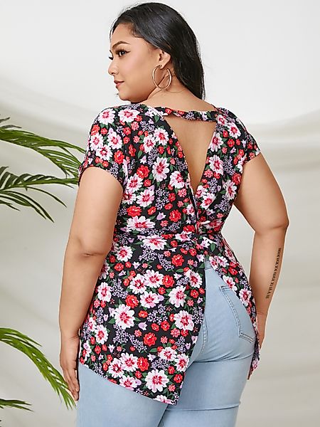 YOINS Plus Größe Rundhalsausschnitt Blumendruck Cut Out Twist Kurzarm Bluse günstig online kaufen