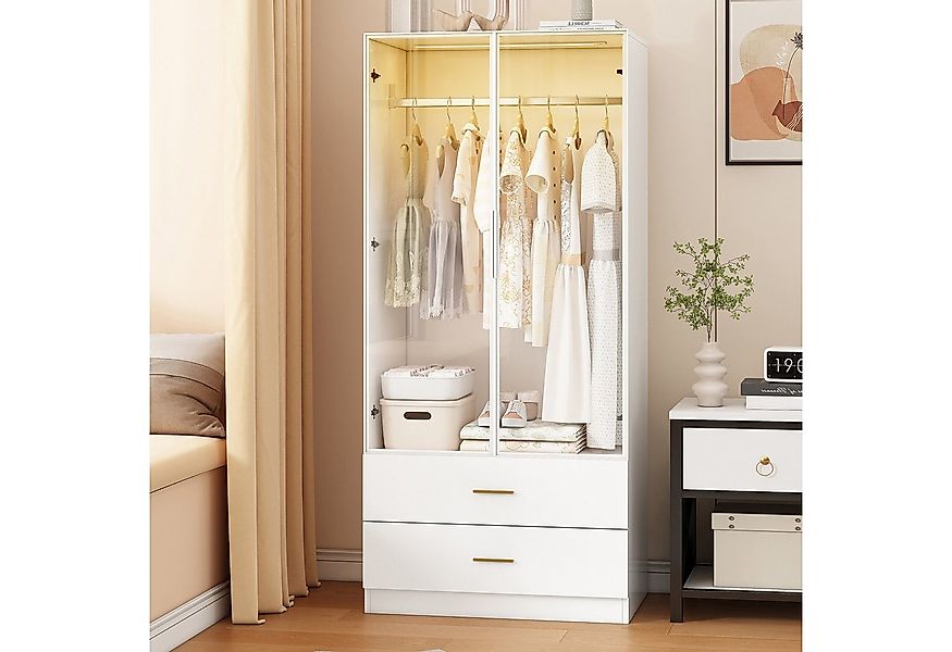 ADWOLT Kleiderschrank Drehtürenschrank Weiß mit LED-Leuchten und 2 Schublad günstig online kaufen