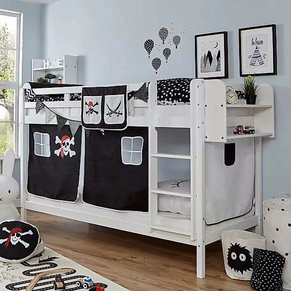 Kinderetagenbett aus Buche Massivholz und Webstoff Weiß und Schwarz günstig online kaufen
