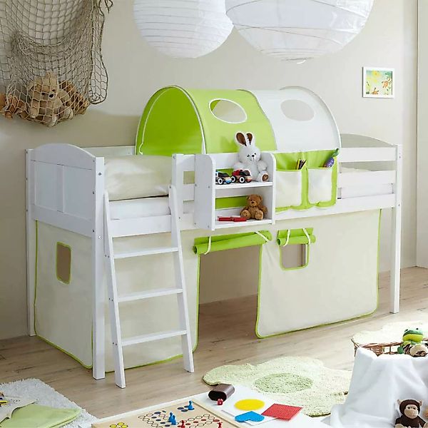 Kinderzimmerbett in Weiß und hell Grün Hängeregal günstig online kaufen